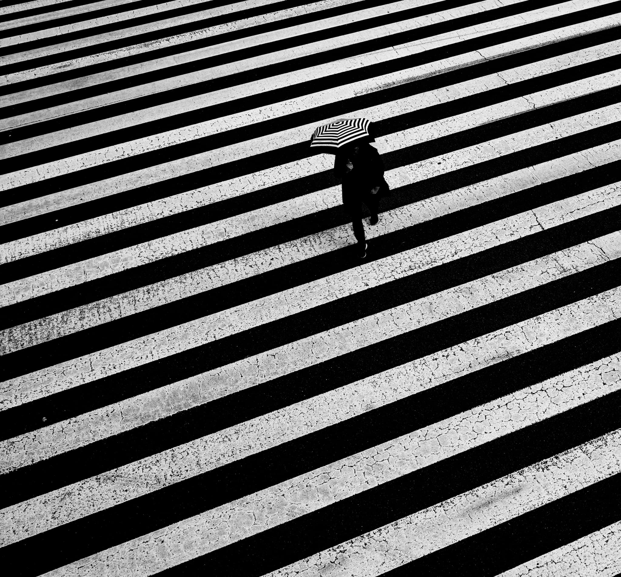 Person walking on a black and white striped road holding an umbrella